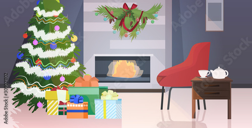modern living room with fireplace fir tree decorated for christmas holidays celebration concept horizontal home apartment interior horizontal vector illustration
