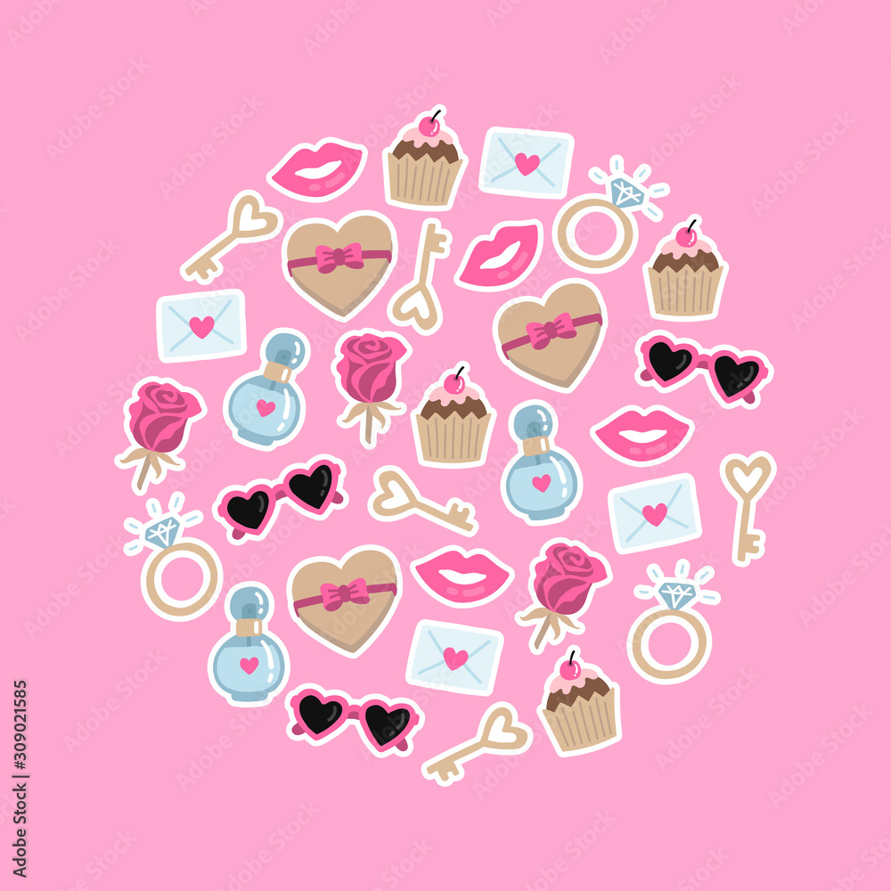 Circle concept with symbols of Valentine's Day. Set of stickers with cute illustrations.