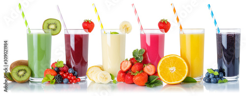 Foto Set of fruit smoothies fruits orange juice drink straw in glass isolated on whit