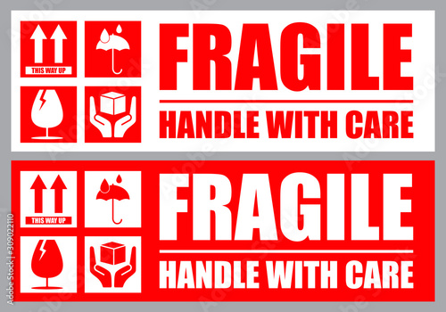 Fragile, Handle with Care or Package Label stickers set. Red and white colour set. Banner format. photo