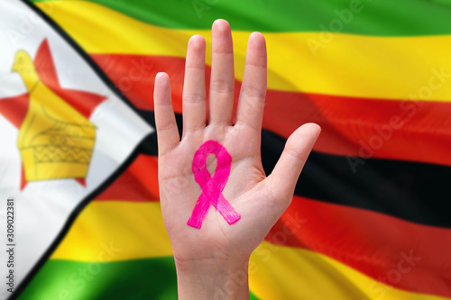 Zimbabwe awareness concept. Close-up awareness ribbon painted on palm on national flag background. October Pink day and world cancer day.