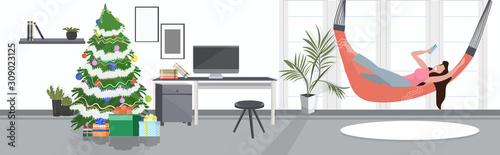 happy woman lying in hammock girl using smartphone relaxing at home modern living room interior full length horizontal banner vector illustration
