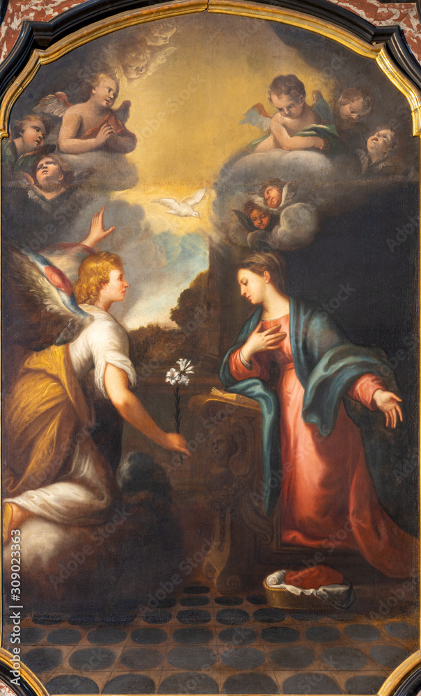 COMO, ITALY - MAY 8, 2015: The painting of Annunciation in church Santuario del Santissimo Crocifisso.