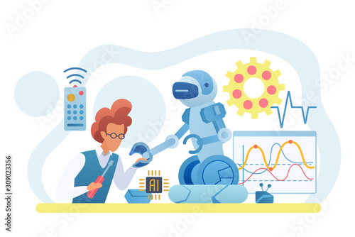 Scientist creating robot flat vector illustration. Engineer working on robotic technology. Man building smart machine. Male character constructing robotic device. Artificial intelligence concept