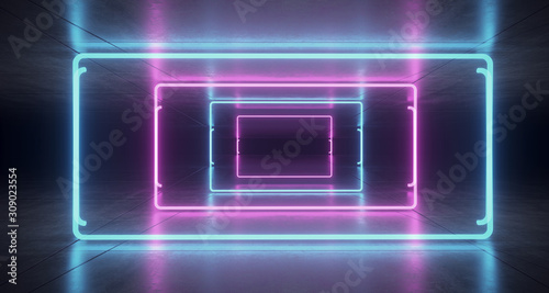 Fototapeta Naklejka Na Ścianę i Meble -  Neon Phantom Blue Purple Glowing Led Laser Light Rectangle in Concrete Dark Grunge Reflective Room Corridor Cyber Tunnel Garage Empty Space 3D Rendering