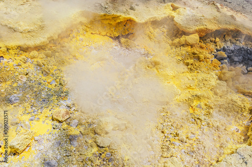 Smoke and sulfur by the top of volcano. Volcano island. Italy.