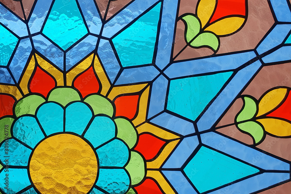 Stained glass floral geometric pattern.