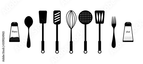  Kitchen cutlery isolated, black accessories and supplies on a white background. vector. illustration