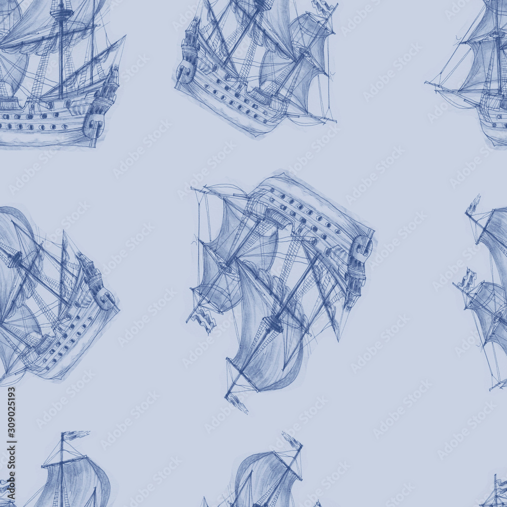 pattern seamless print textile sailing ship sails mast sea waves watercolor sketch hand-drawn