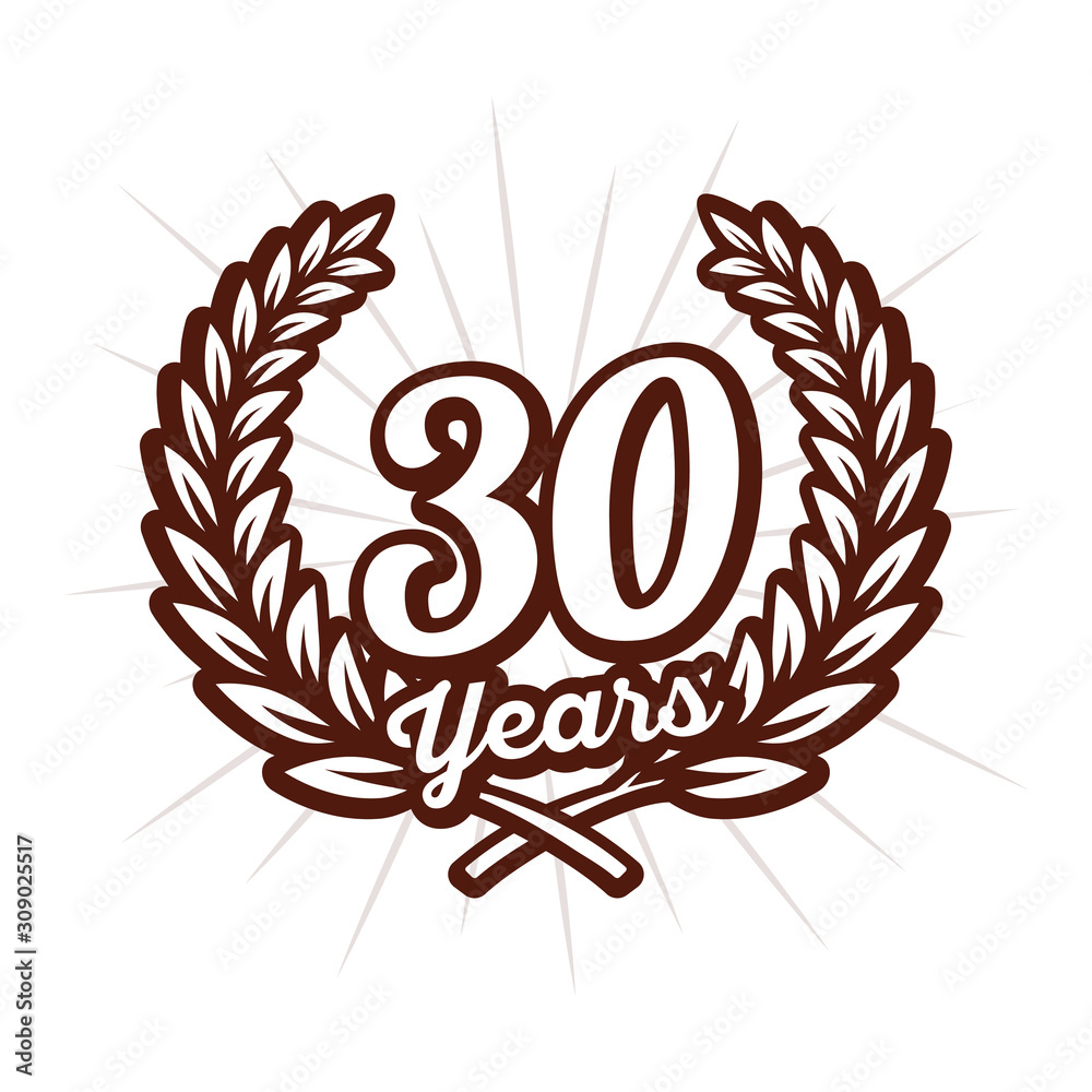 30 years anniversary celebration with laurel wreath. 30th logo. Vector and illustration.