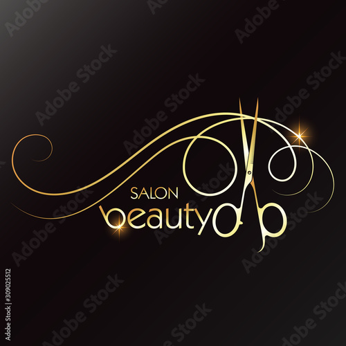 Beauty salon and hairdresser golden scissors and lock of hair symbol