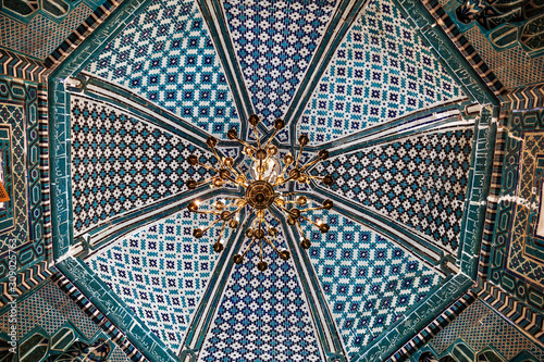 Decoration of the dome of the mausoleum of Kusam Ibn Abbas. The monument of medieval architecture ensemble of mausoleums Shahi Zinda, Samarkand, Uzbekistan photo