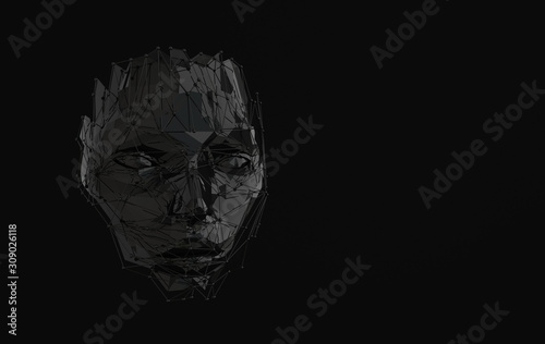 3d render human face with abstract web structure. Artificial intelligence concept. Young woman's face