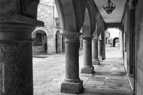 Street and arcades in the old town of Santiago de Compostela, way of Saint James, Spain