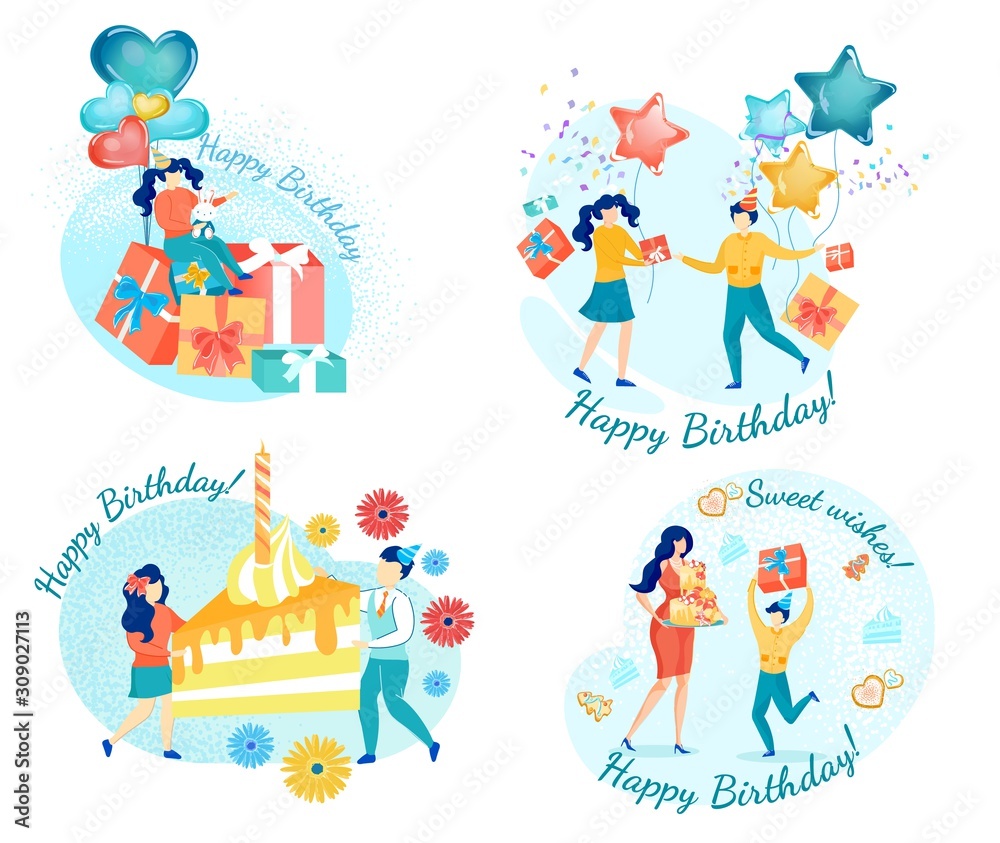 Happy Birthday Greeting Cards Set with Happy Kids.