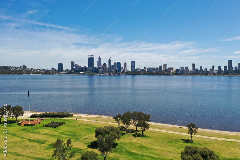 The view of South Perth across the water from Sir James Mitchell Park in Perth Western Australia