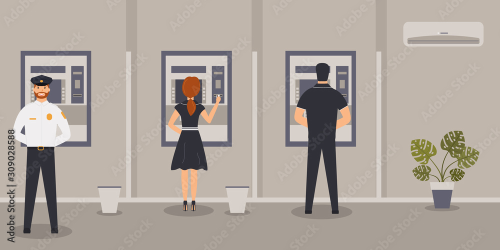 Bank office interior: Bank customers stand near ATM or cash machine.Elegant interior financial institution. Hall with clients and security guard. Air conditioning on wall. Vector illustration