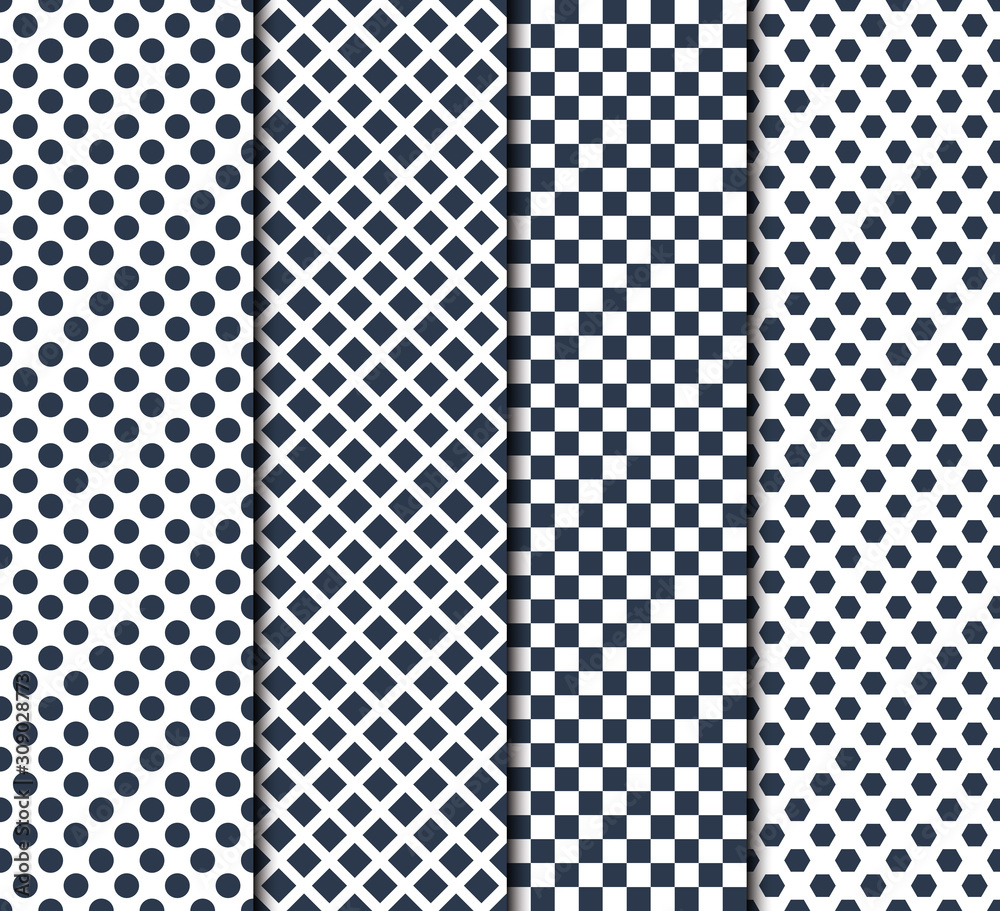 Set of four vector seamless patterns with circle, lines, squares and octagons, simple vector illustration Set of four vector seamless patterns with circle, lines, squares and octagons, simple vector illustration