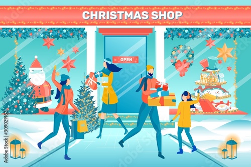 Happy People Preparing Gifts at Christmas Shop