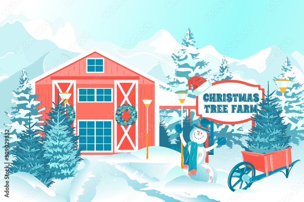 Cartoon Snowy Landscape with Christmas Tree Farm