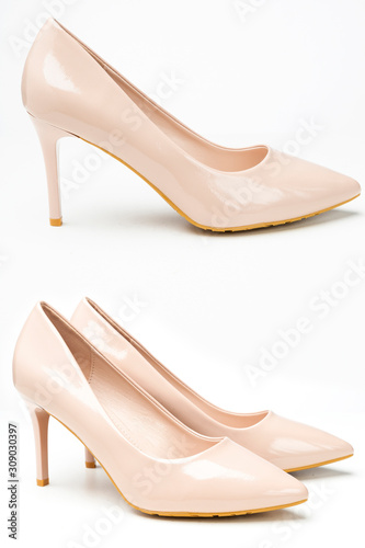 women's patent high heel shoes beige color isolated on white background