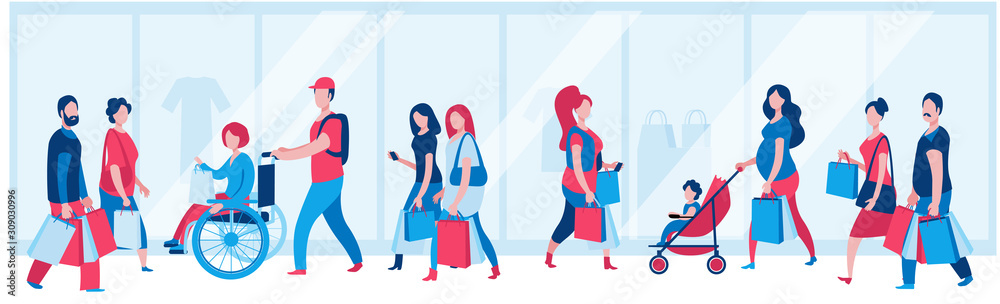 Set of characters coming with packages from stores. People shopping at the Mall. Vector illustration in blue and red colors on the theme of shopping and sales.