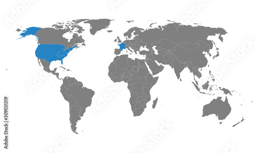 USA, france map marked blue on world map. Gray background. Perfect for Backgrounds, backdrop, business concepts and wallpapers.