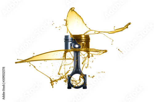 Obraz na płótnie Piston and connecting rod are thrown with oil. Engine oil concept - Oil Splash - isolated on white Background w salonie