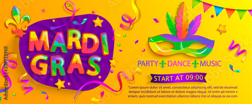 Mardi gras banner,inviting for carnival party.Traditional Mask with feathers for carnaval,fesival,masquerade,parade.Template for design invitation,flyer, poster, placards. Vector illustration.