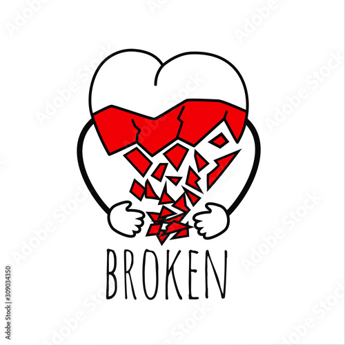 Heart broken from unrequited love. Vector image on white background. In Doodle style.