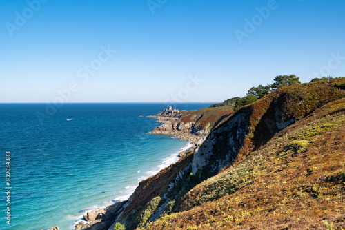 walk on the GR34 in Brittany with far away La Latte fort