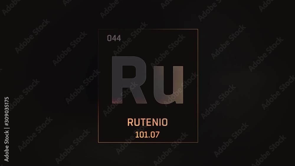 Ruthenium as Element 44 of the Periodic Table. Seamlessly looping 3D animation on grey illuminated atom design background with orbiting electrons. Name, atomic weight, element number in Spanish langua Ruthenium as Element 44 of the Periodic Table. Seamlessly looping 3D animation on grey illuminated atom design background with orbiting electrons. Name, atomic weight, element number in Spanish langua