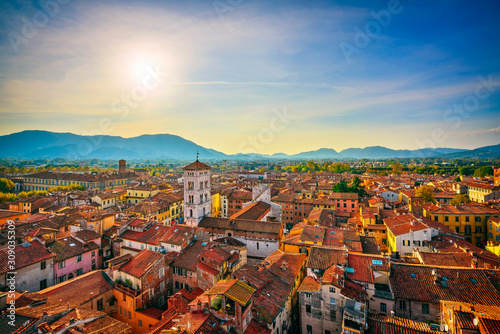 Lucca panoramic aerial view of city and San Michele Cathedral. Tuscany, Italy photo