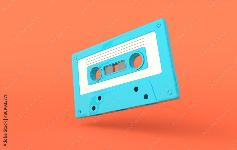 Retro audio cassette 3d render. 70s, 80s, 90s years popular audio tape. Music minimalism concept, pastel colors