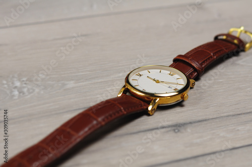 Close up macro watch on grey wooden board (ID: 309035744)