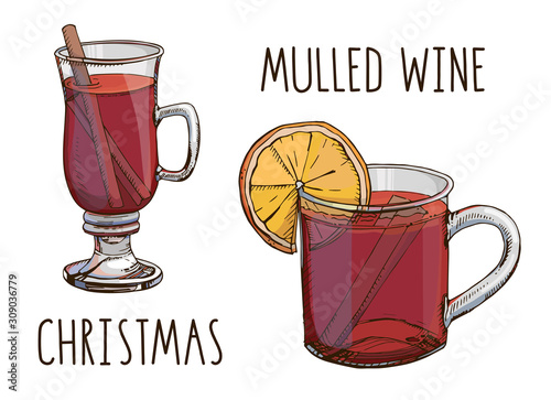 Mulled wine. Set of colorful vector images and modern light narrow lettering isolated on white. Winter time. Popular Christmas drink. Template for winter holidays menu, poster, greeting card