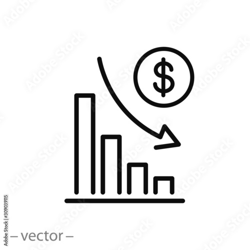 financial risk icon, benefit reduce dollar, reduction cost, thin line web symbol on white background - editable stroke vector illustration eps10