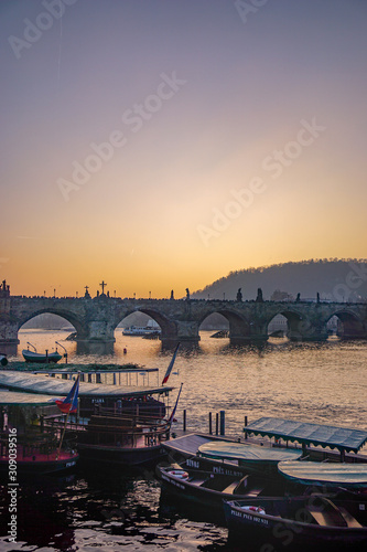 View over the Vltava river in Prague at sunset