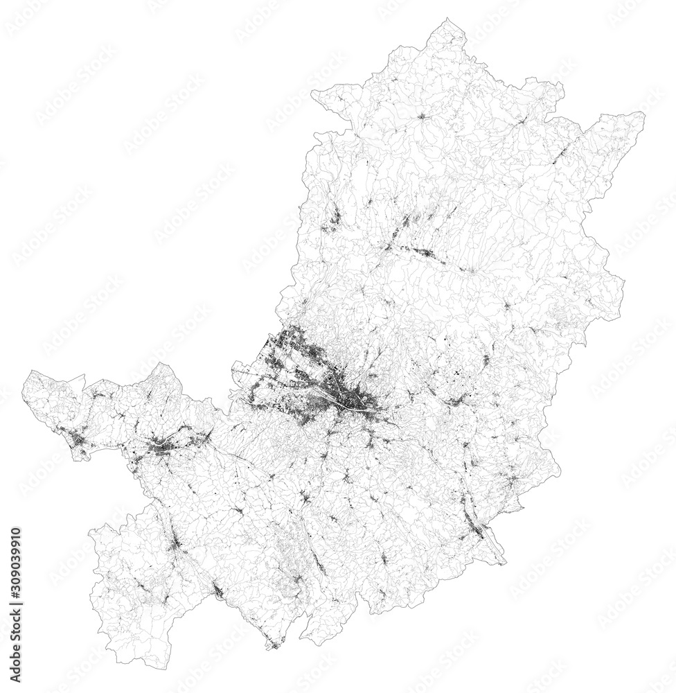 Satellite map of province of Florence, Firenze, towns and roads, buildings  and connecting roads of surrounding areas. Tuscany, Italy. Map roads, ring  roads Stock Vector | Adobe Stock