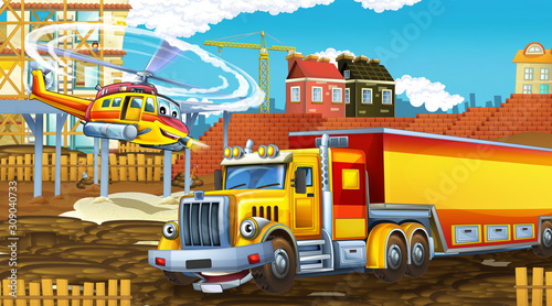 cartoon scene with industry cars on construction site and flying helicopter - illustration for children