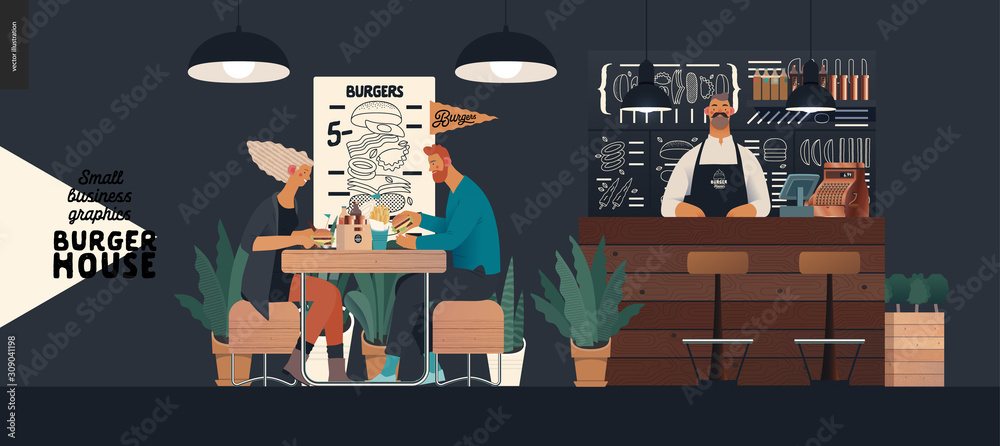 Plakat Burger house -small business graphics - visitors and bartender -modern flat vector concept illustrations -young couple eating burgers at the table in burger restaurant, interior, waiter at bar counter