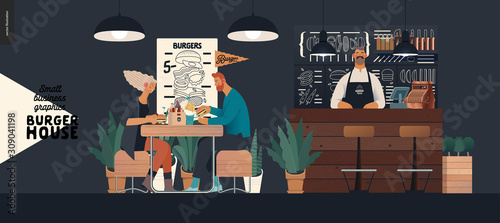 Burger house -small business graphics - visitors and bartender -modern flat vector concept illustrations -young couple eating burgers at the table in burger restaurant, interior, waiter at bar counter