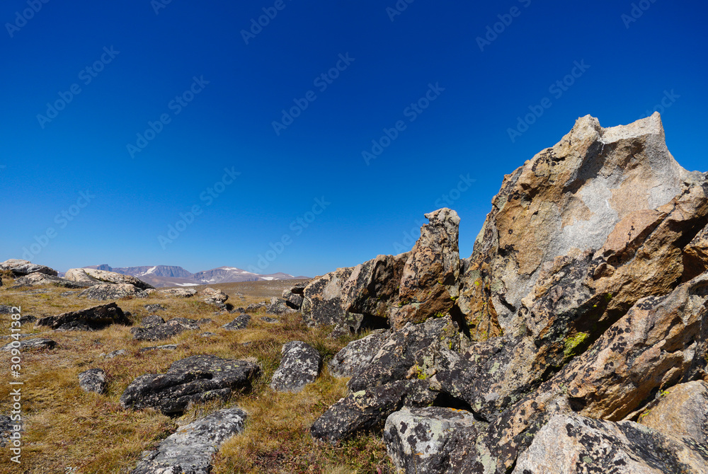 Unusual and colorful rock formations are scattered at the top of the almost 11,000 foot Beartooth Pass