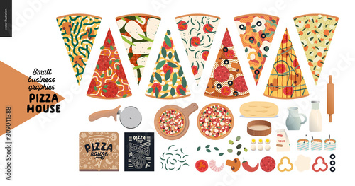 Pizza house -small business graphics -product range. Modern flat vector concept illustrations -pizza slices, delivery box, topping, dough, roller, menu on blackboard, rolling pin, flour, eggs, sieve