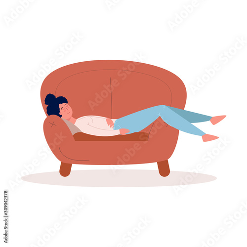 Cute girl lying on the armchair sleeps and relaxes. Vector colorful illustration in cartoon style