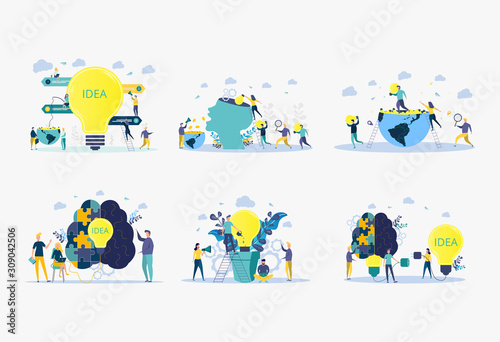 Metaphor of the birth of a creative business idea. business concept analysis. Vector illustration of people grow plants in pots.