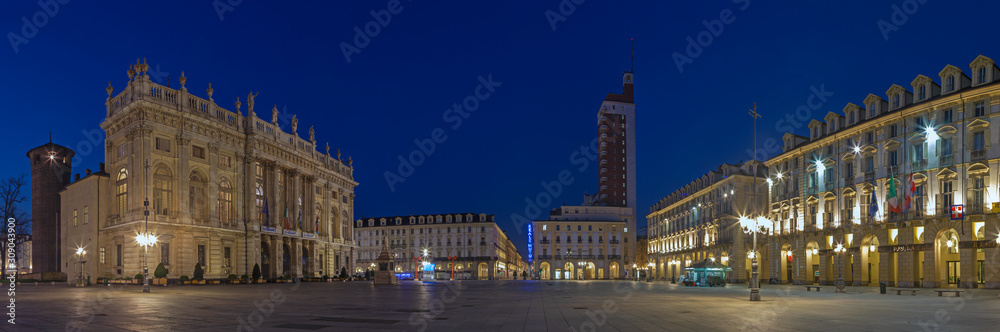 TURIN, ITALY - MARCH 14, 2017: Panorama of Palazzo Madama and square Piazza Castello at dusk.