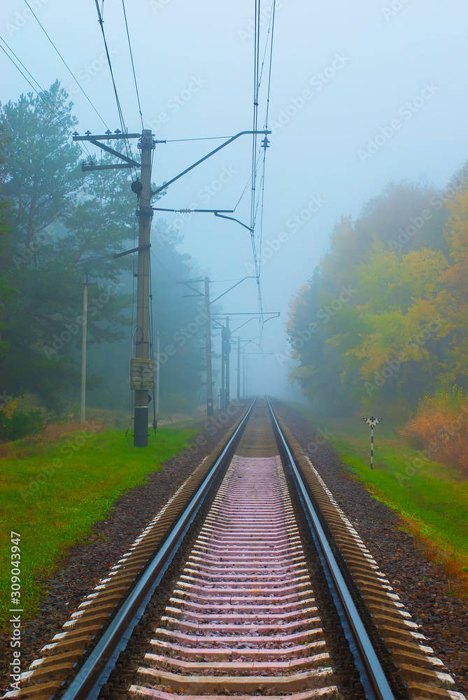 Railroad tracks lost in the mist, soft focus.