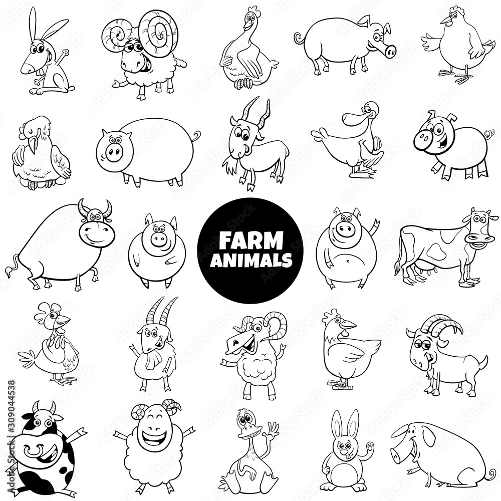 cartoon farm animal characters black and white set cartoon farm animal characters black and white set