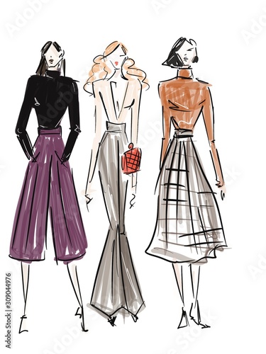 three woman fashion sketch